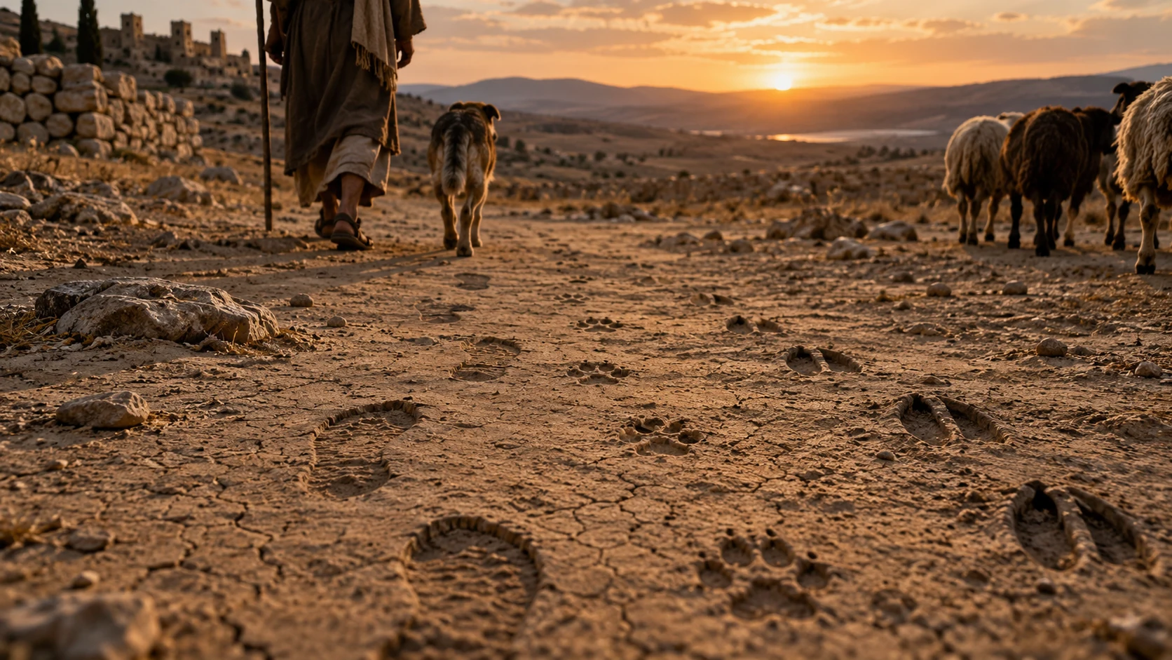 Human footprints and animal tracks cross dry earth; no spirits ascend or descend.