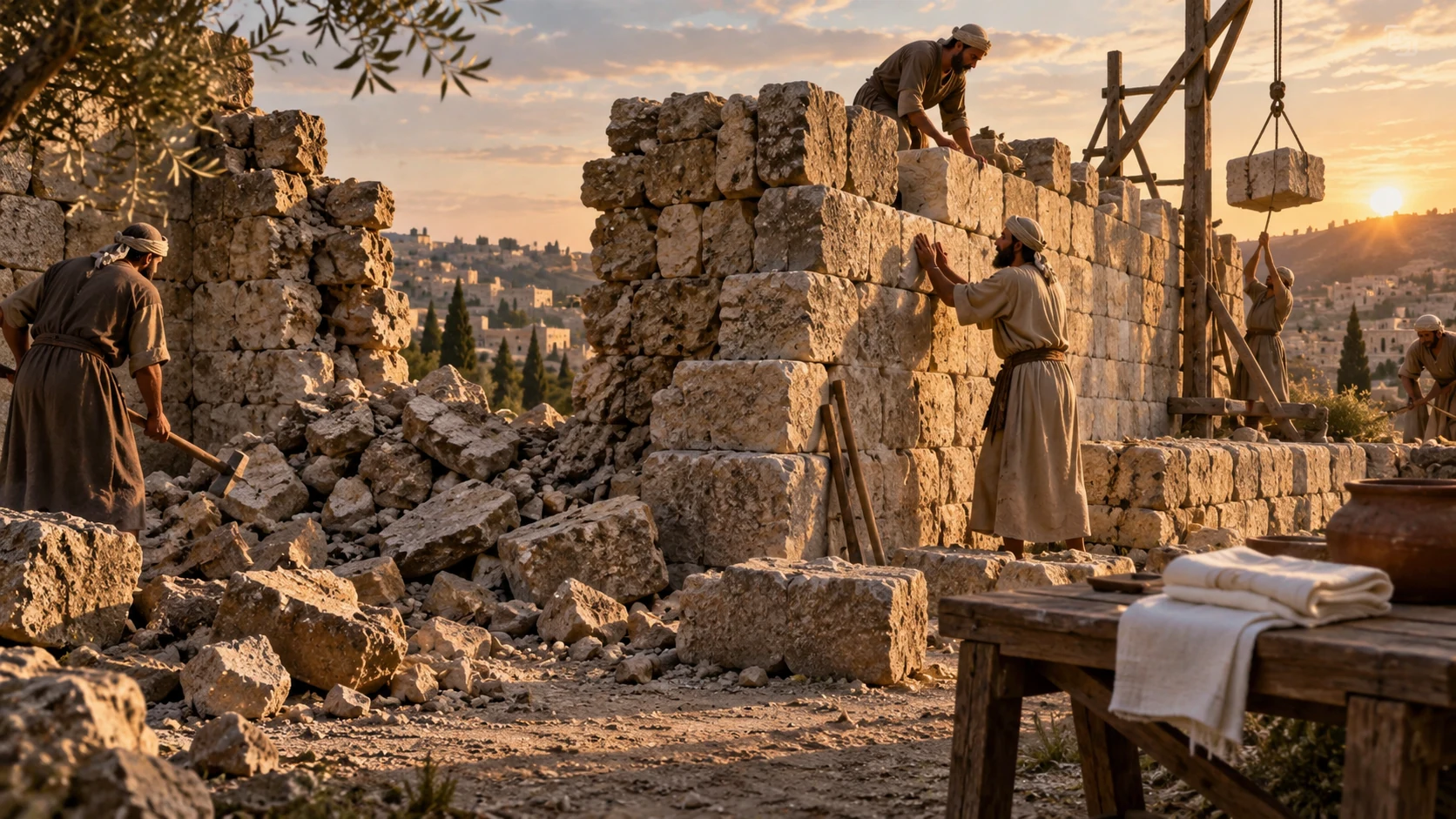 Broken wall stones lie beside a repaired section; a clean folded dressing rests on a nearby bench, no staged killing.