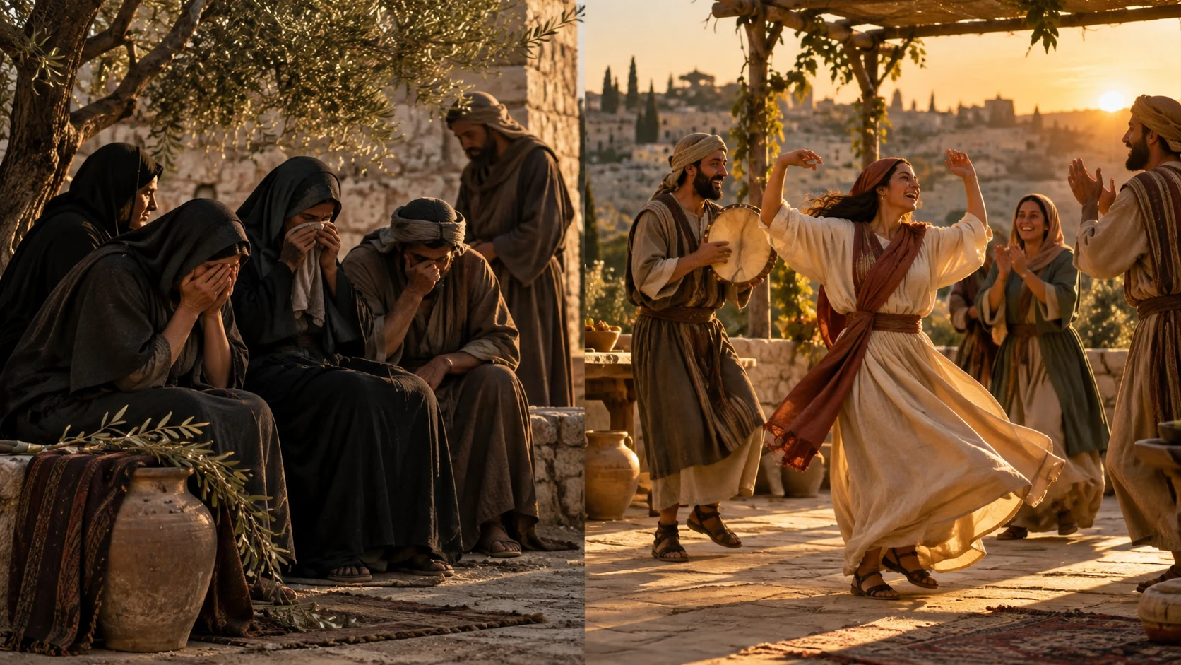 A clearly interpretive two-part composition shows anonymous mourning adults and separate adults dancing, no shared invented event.