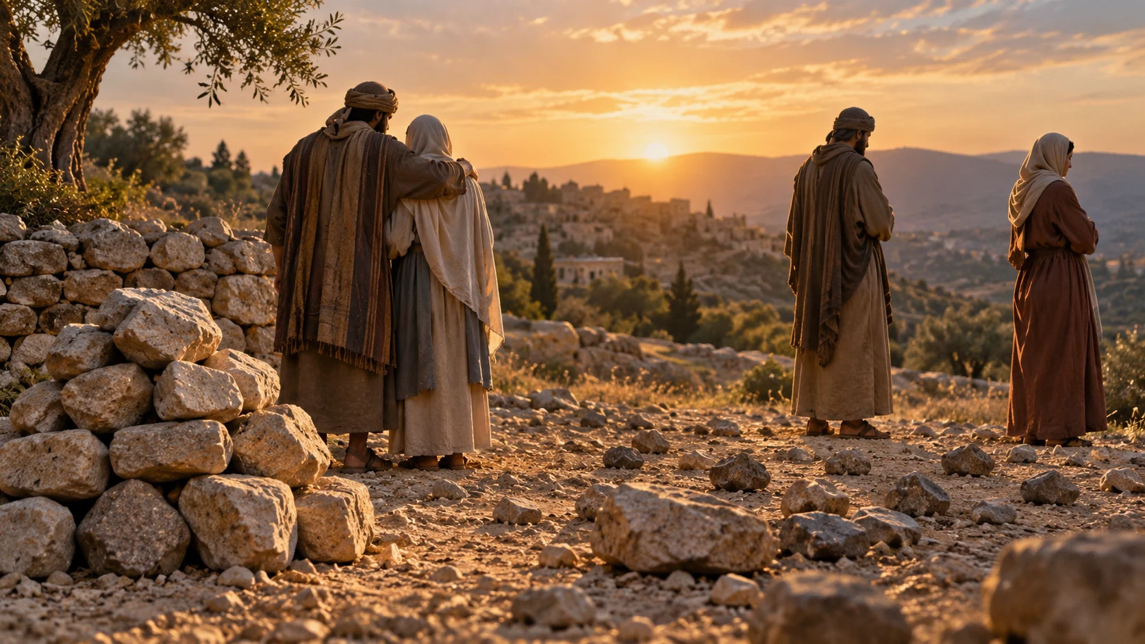 Gathered stones beside scattered stones; two anonymous adults stand near each other while a separate pair remains apart.