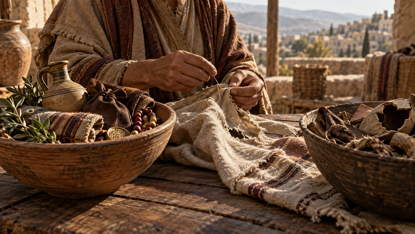 Hands sort retained objects from discarded ones beside a torn cloth being sewn; no invented exchange of speech.