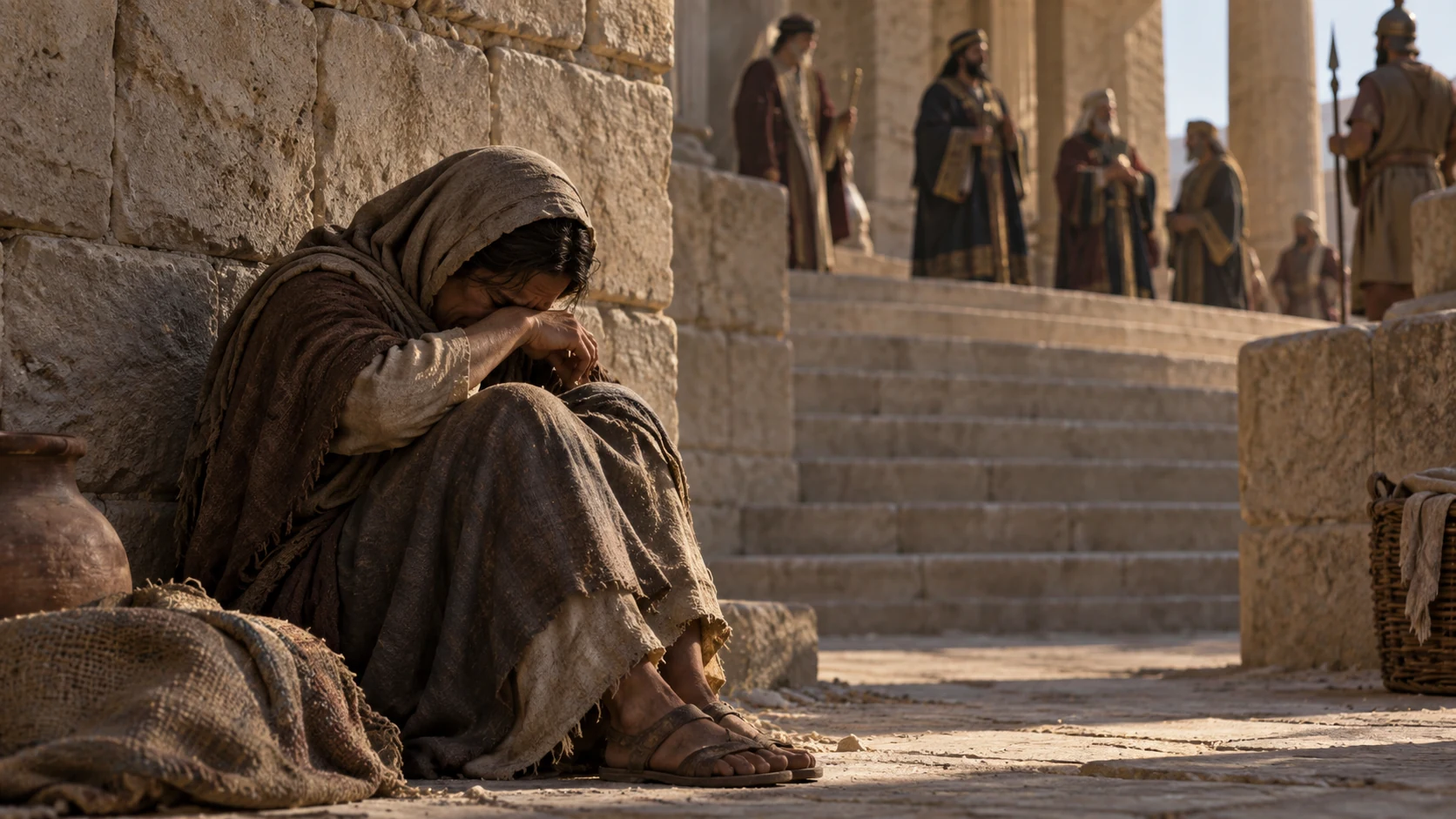 A tearful anonymous adult sits alone below distant authority figures, viewed respectfully without spectacle.