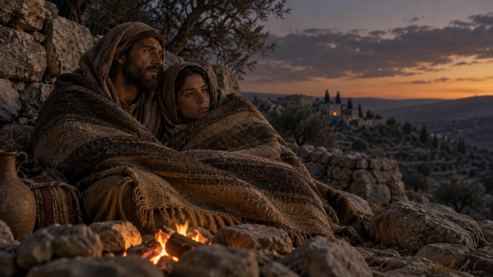 Two fully clothed travelers share a wool blanket in cold dusk, dignified and nonromantic.