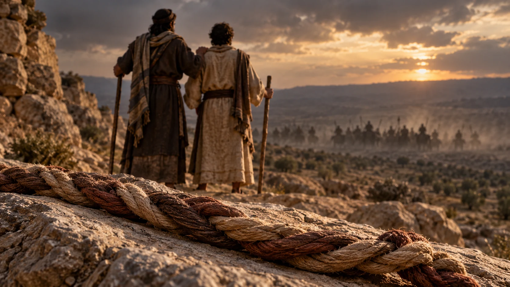 A three-strand cord lies in the foreground; two travelers stand together facing an indistinct distant threat.