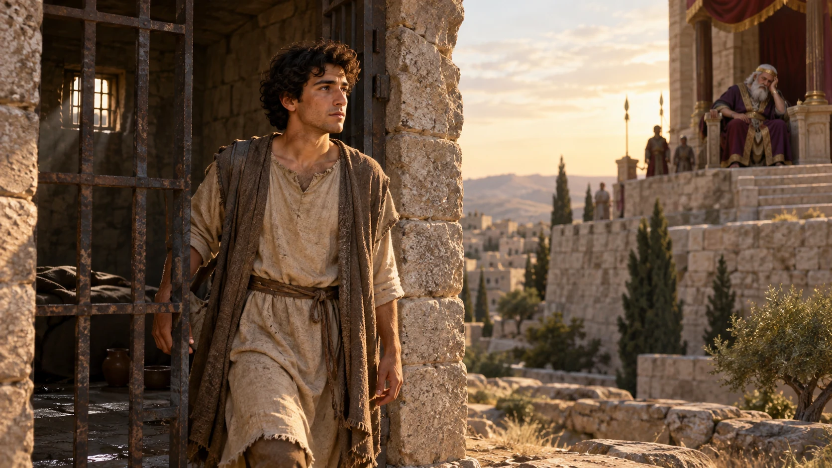 A plainly dressed young adult stands near an open prison doorway while an old ruler is distant, illustrative comparison only.