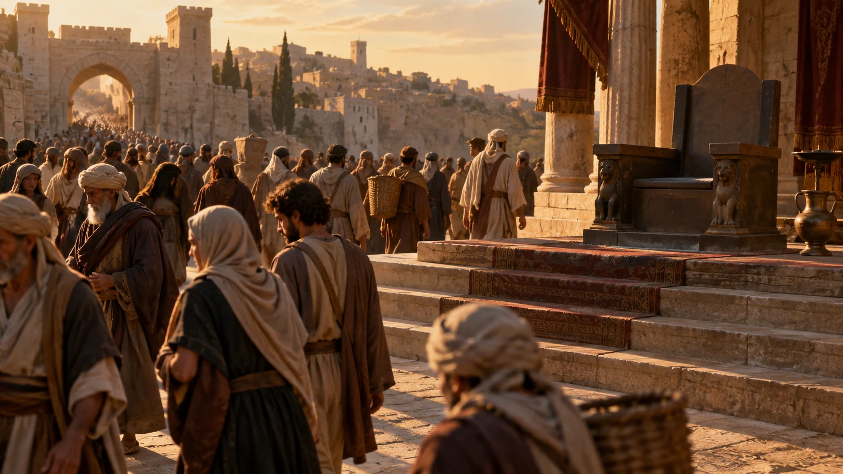 A crowd walks past a now empty raised seat; later favor remains uncertain.