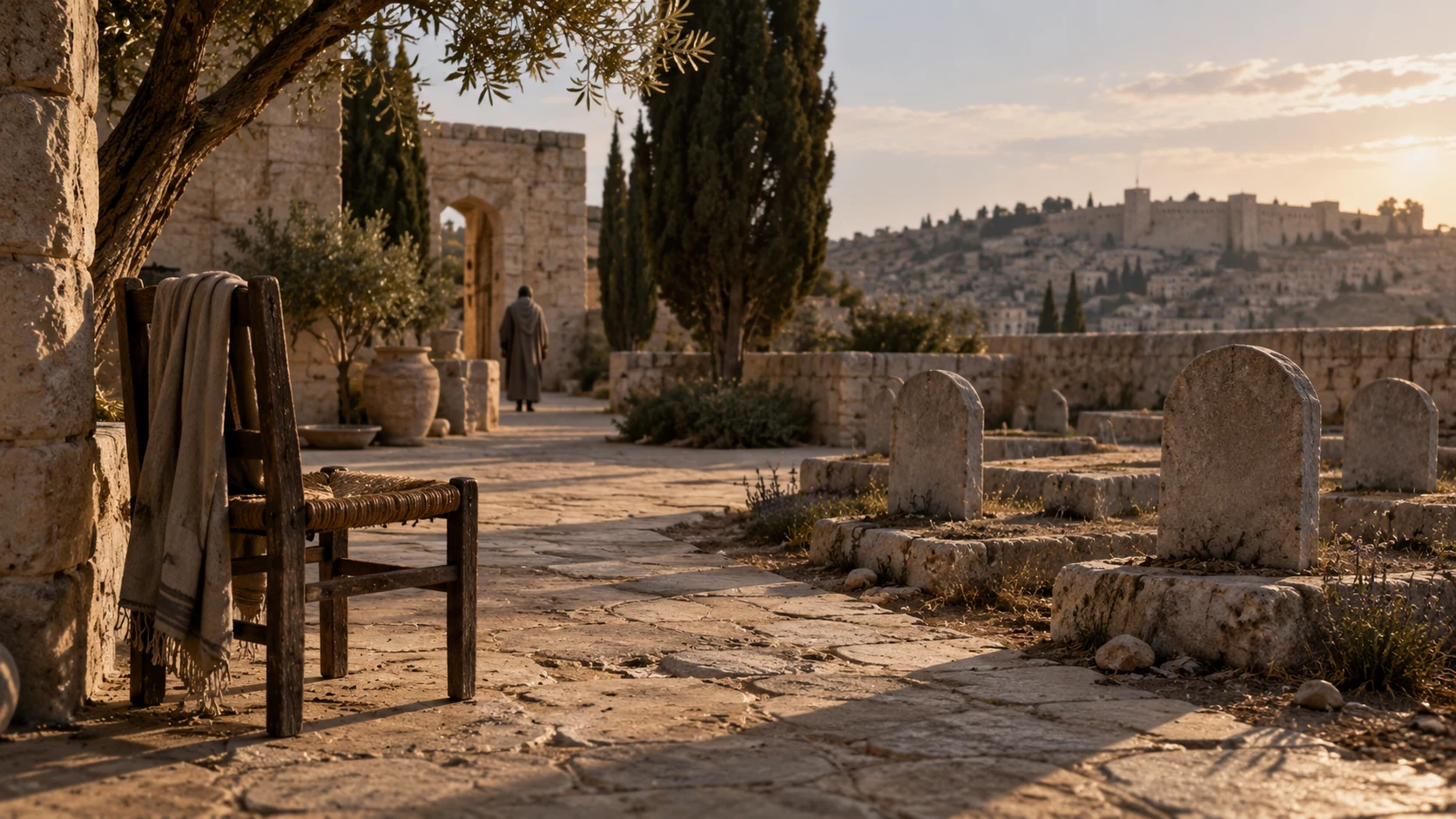 An empty seat and unmarked grave stones frame a deserted courtyard; no child or death staged.
