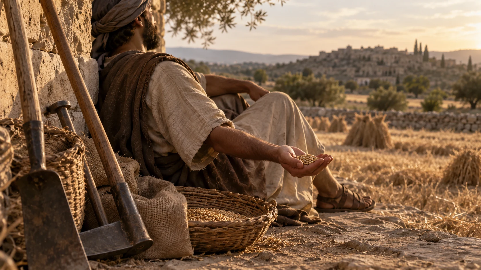 A single open hand holds grain while tools lie idle beside a resting worker.