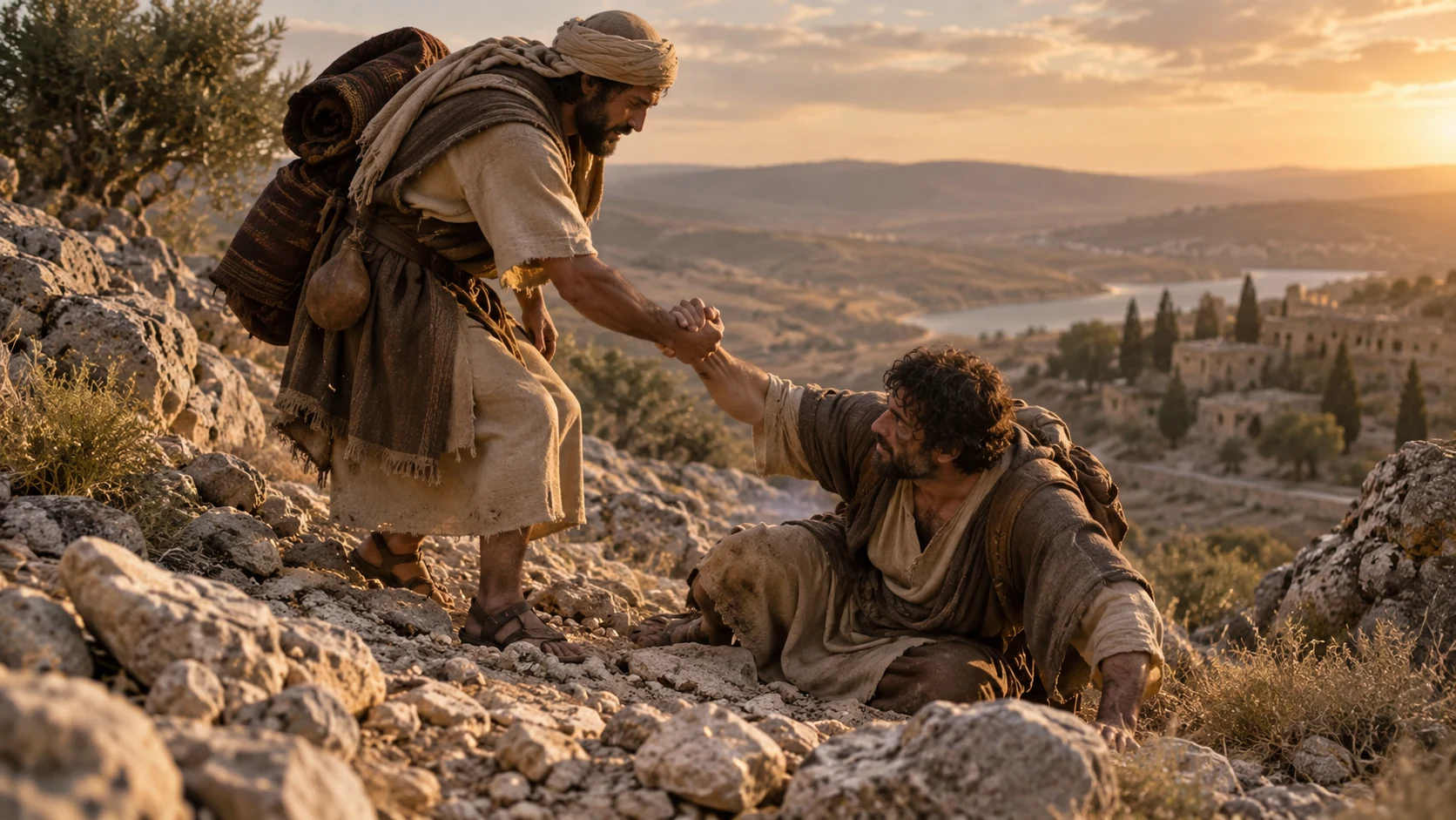 One traveler helps another adult who has stumbled on a rocky path.