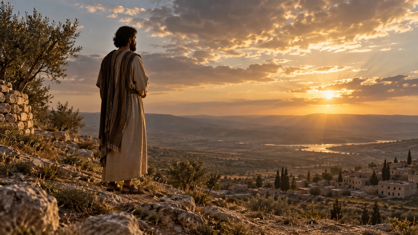 A quiet worshipper stands on earth beneath a wide sky; no divine figure or written words.