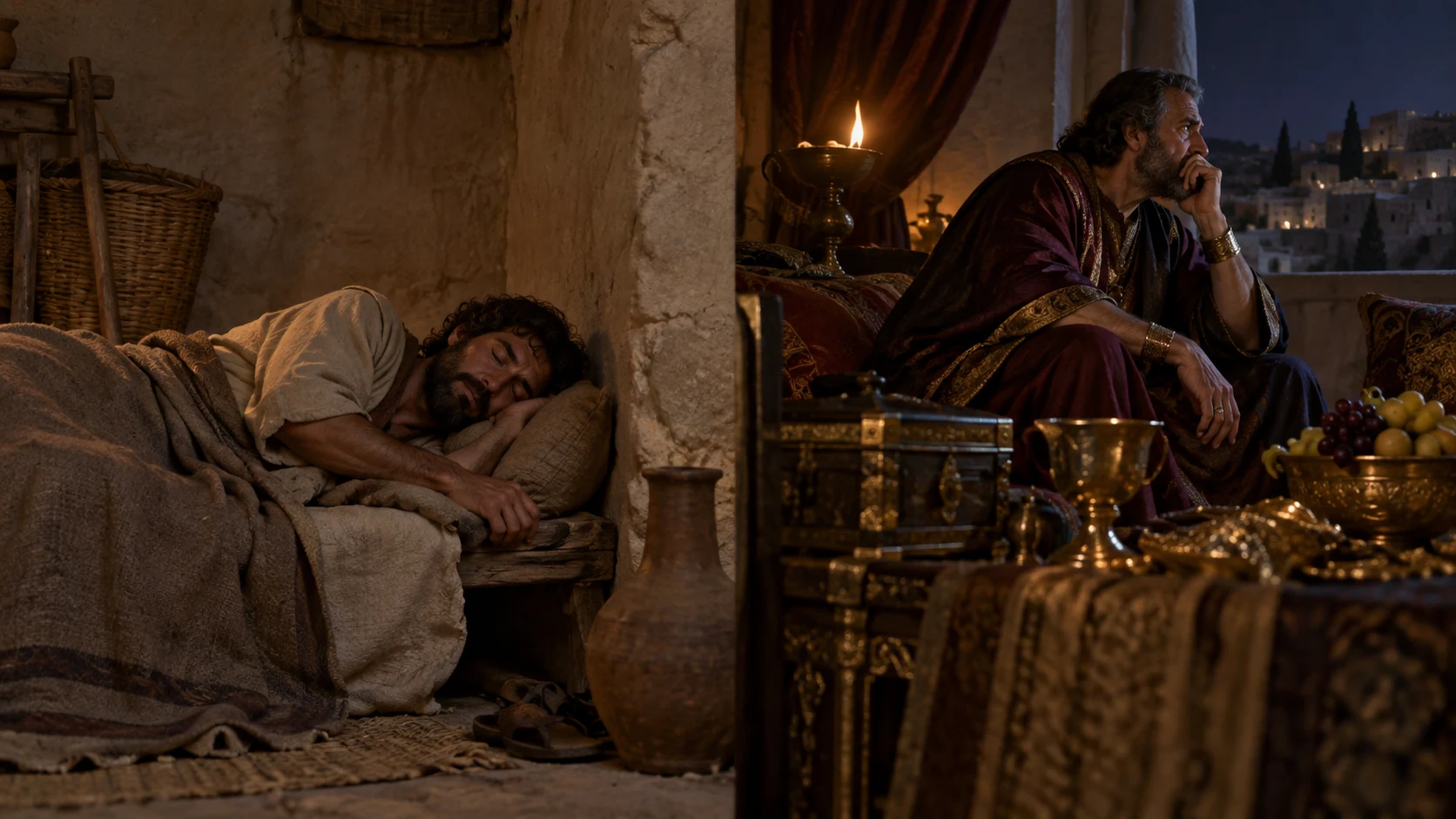 An interpretive paired scene contrasts a sleeping worker with a wakeful wealthy adult amid possessions.