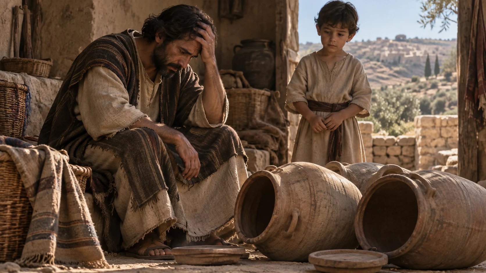An adult sits beside opened empty storage jars while a child stands nearby, no invented mechanism of loss.