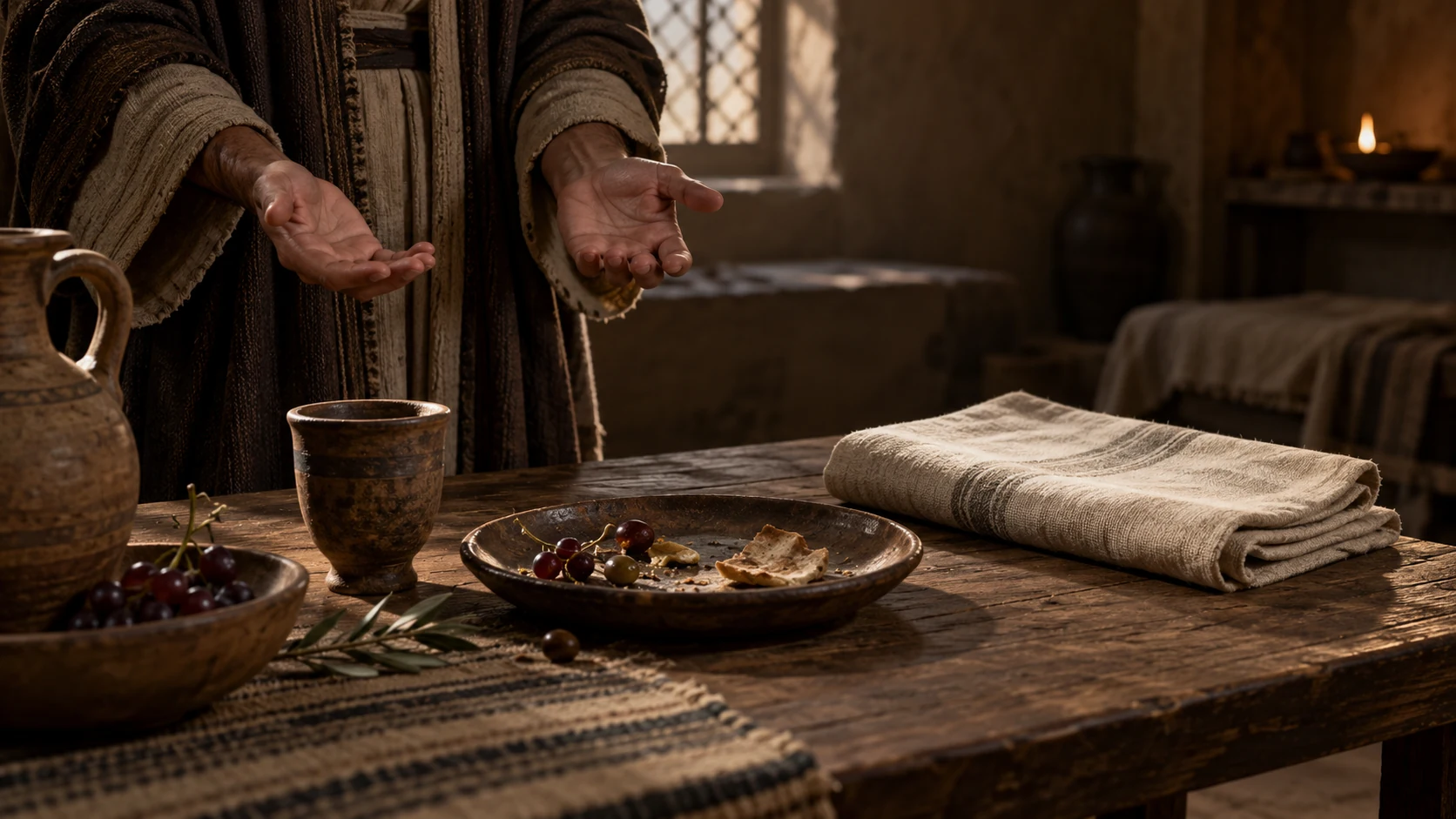Empty adult hands beside unused folded linen and an abandoned meal in a dim room.