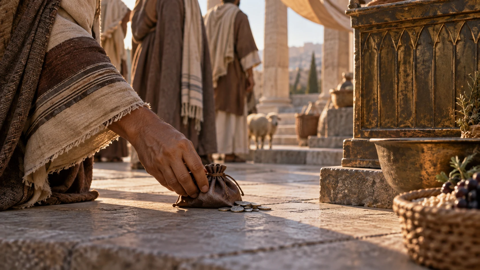 Hands place a modest promised offering down deliberately in a worship courtyard.