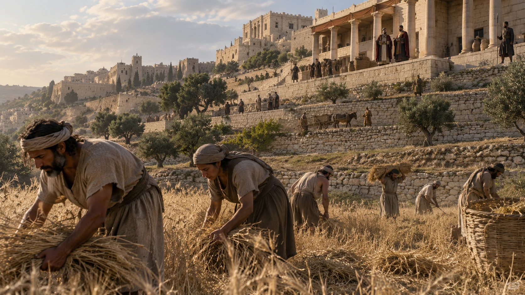 Agricultural workers in a field beneath layered terraces of official buildings, no invented historical ruler.