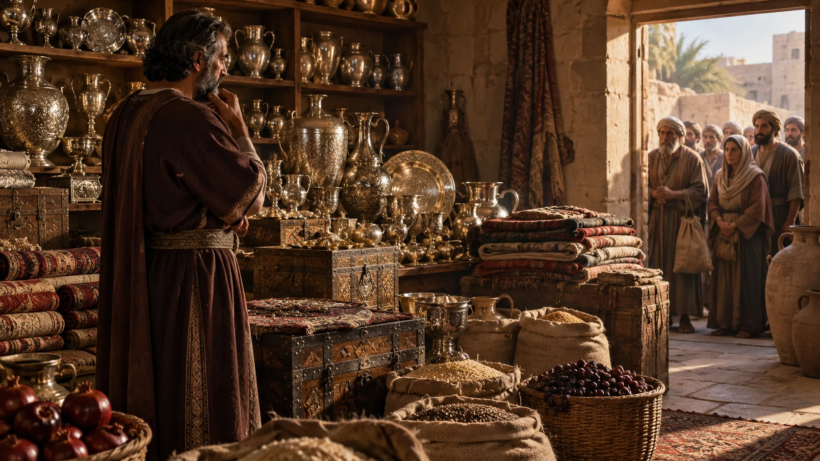 Stored silver vessels and goods fill a room while additional consumers wait at its edge.