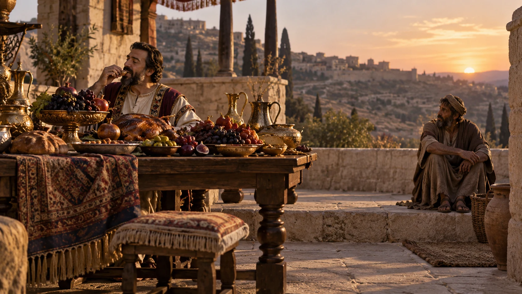 One adult remains apart while another eats from a table surrounded by abundant goods.