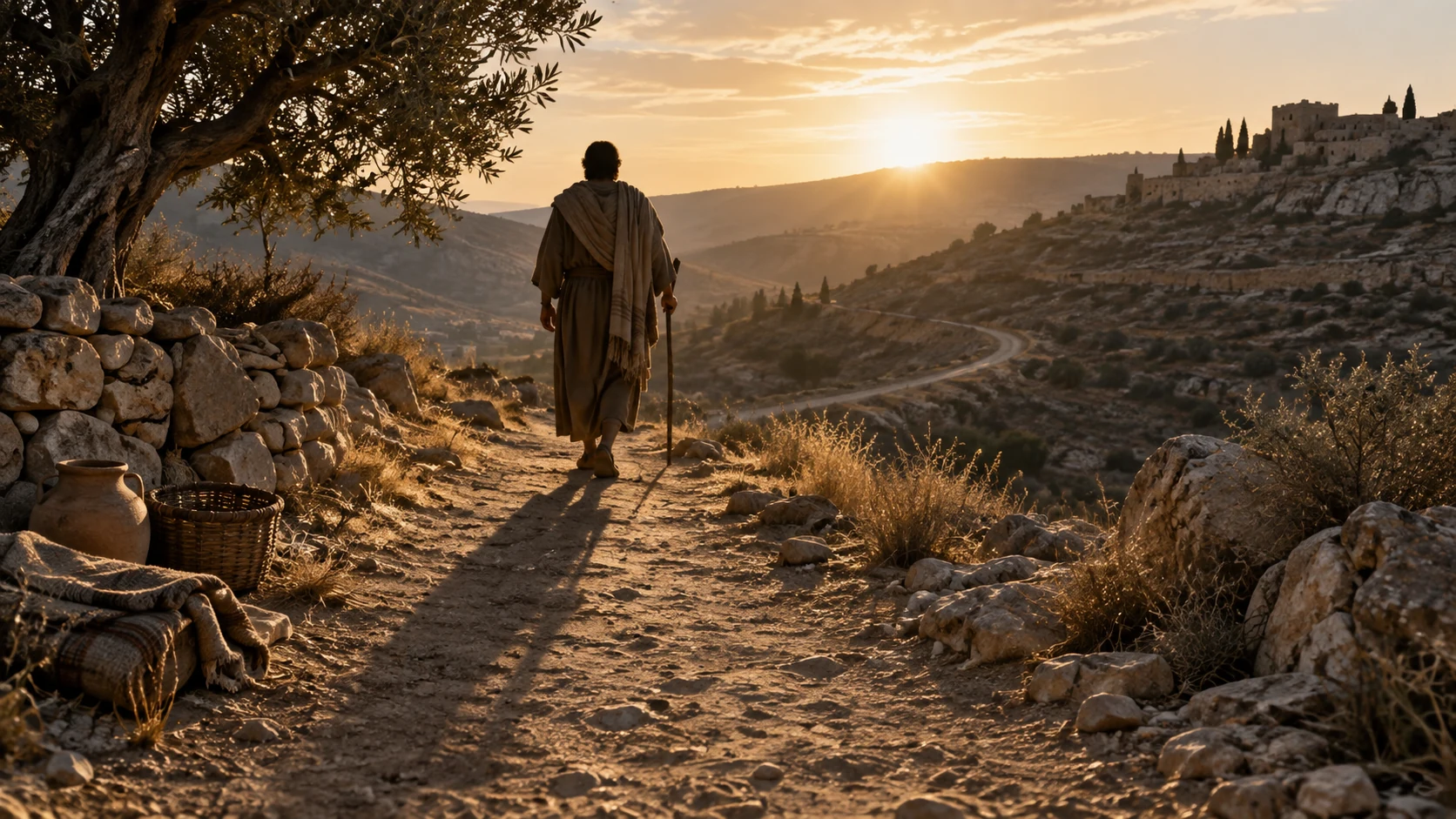 A human shadow stretches across earth toward an unseen road beyond a bend.
