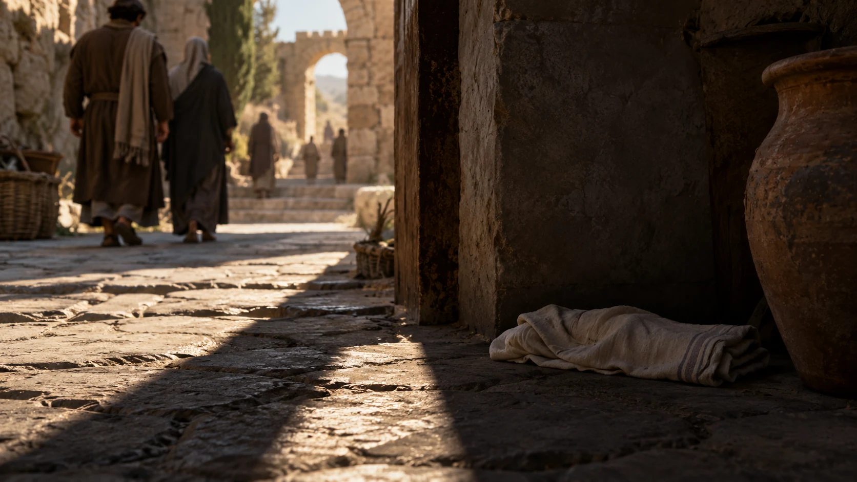An unoccupied small folded cloth lies in deep shade beside a long shadow, restrained stillbirth metaphor without a depicted body.