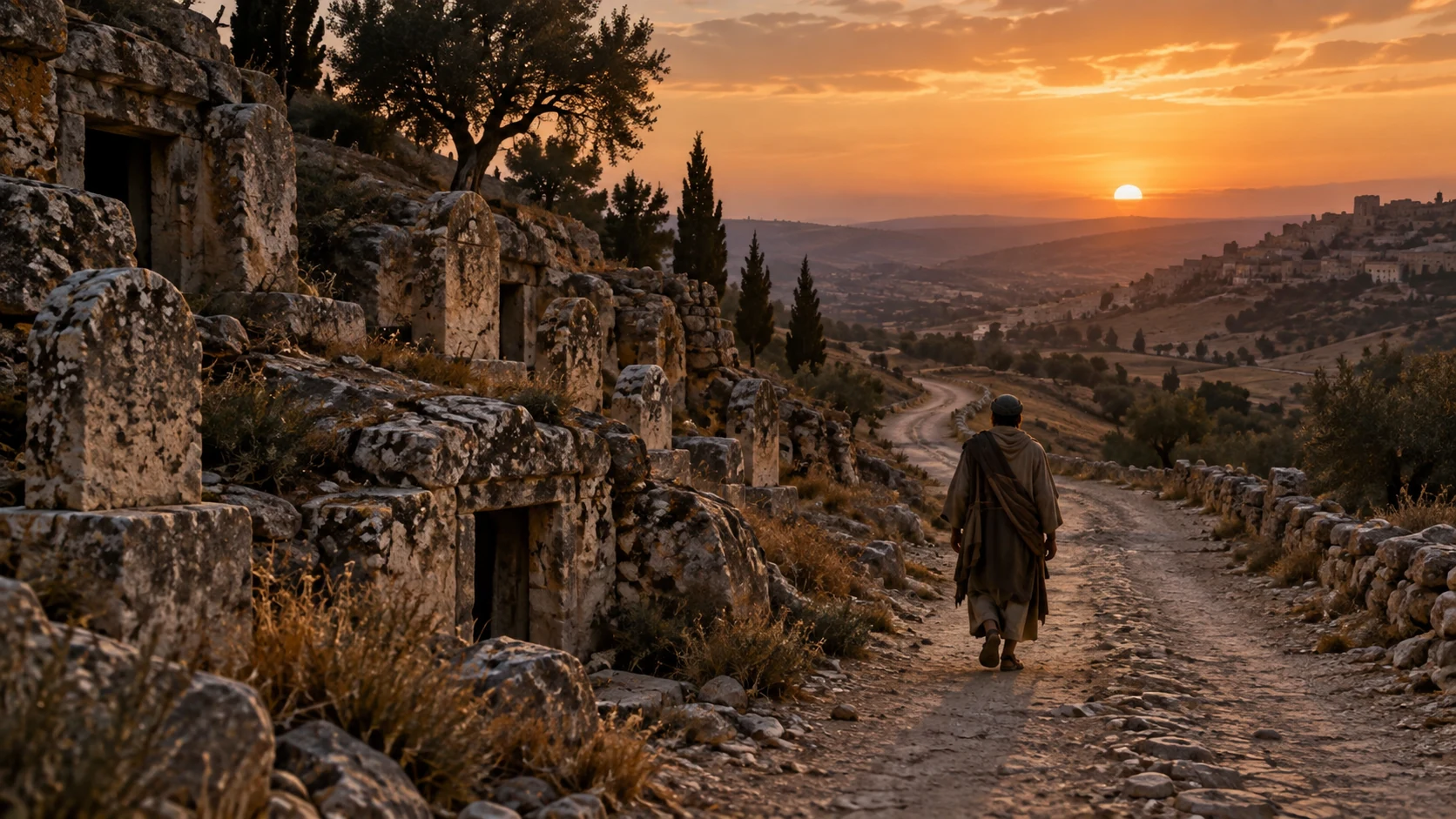 A long road disappears beside weathered burial stones beneath a fading sun.