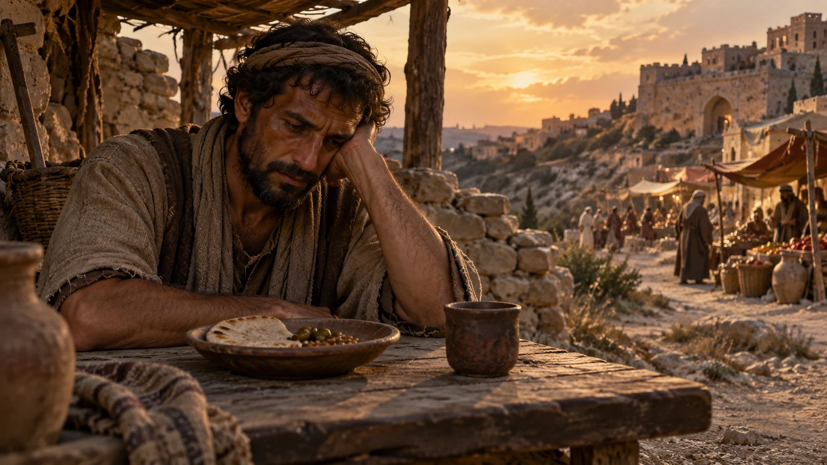 A worker faces a modest meal while distant stores remain beyond reach.