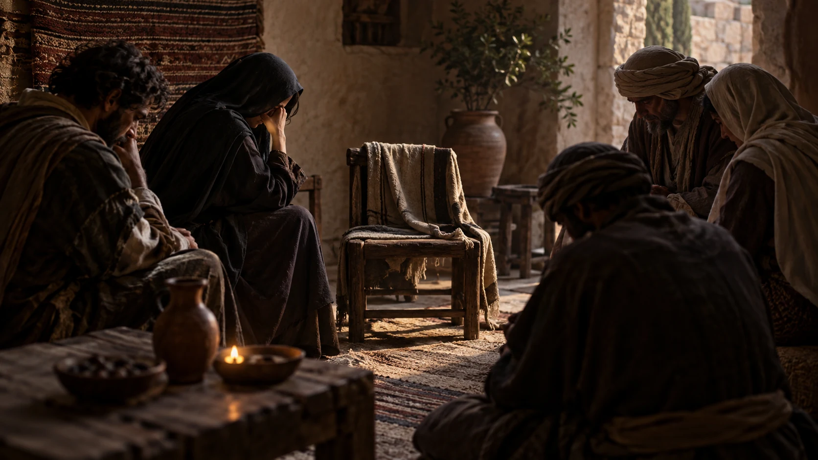 Anonymous mourners sit quietly around an empty place, no specific death or funeral biography.