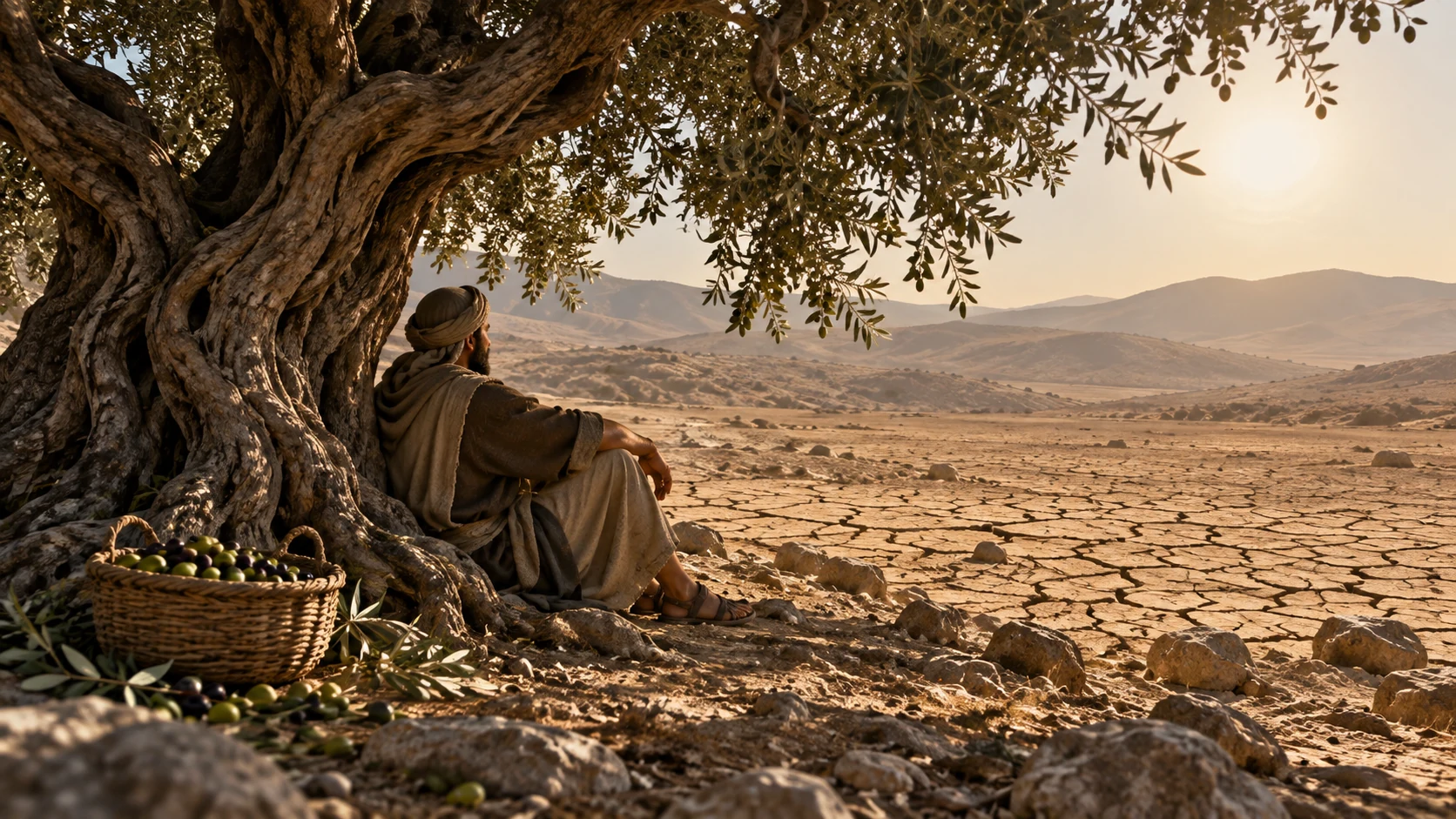 An adult rests beneath a twisted olive tree beside an olive basket and bare cracked earth.