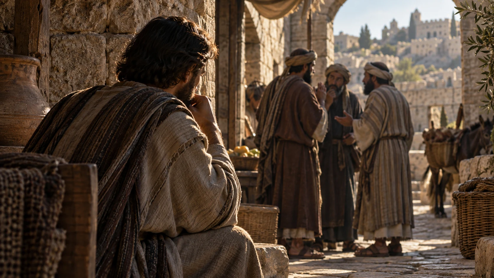 An anonymous adult pauses after overhearing others; the reflective posture suggests self-examination without staged dialogue.