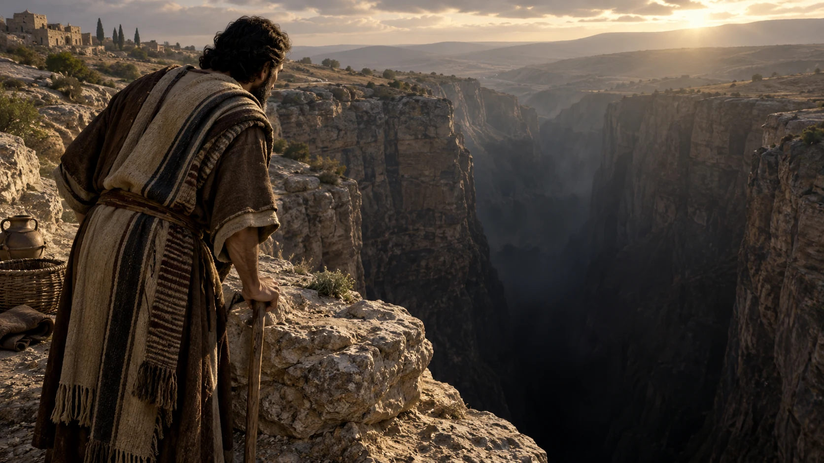 An observer looks into a deep dark ravine whose bottom cannot be seen.