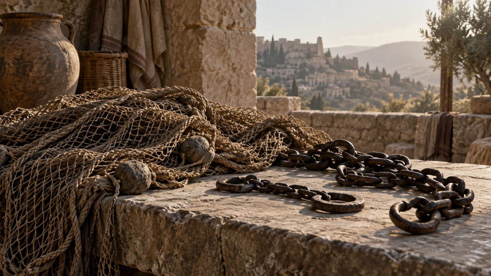 Unoccupied nets and loose chains rest on a stone table.