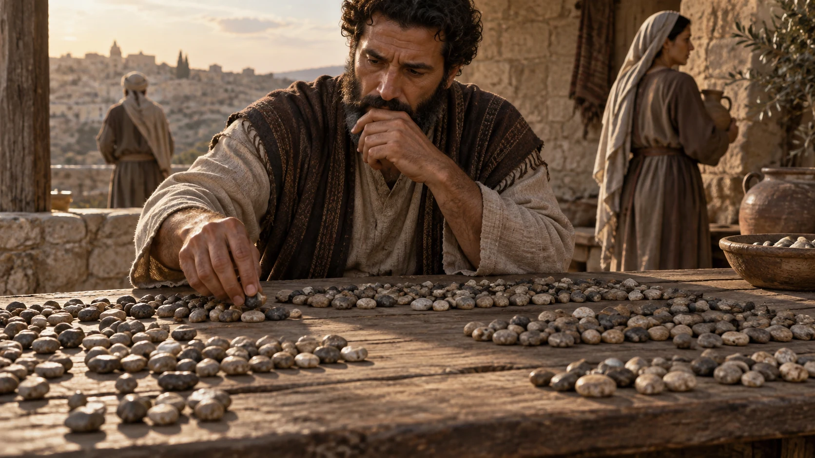 Counting stones cover a table with gaps in the arrangement; no illustrated ranking of men and women.