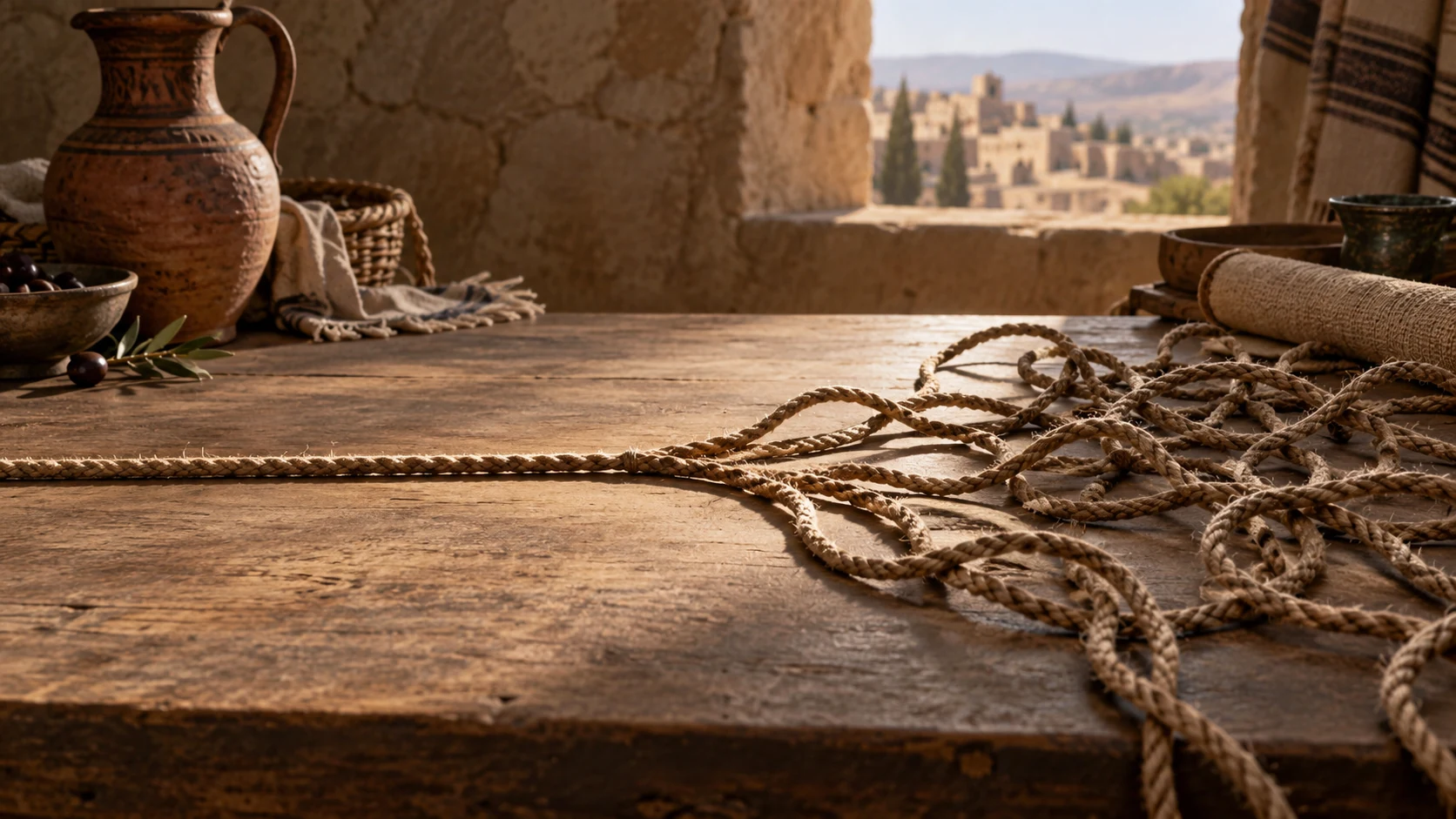 An initially straight cord branches into a tangle across a plain tabletop.