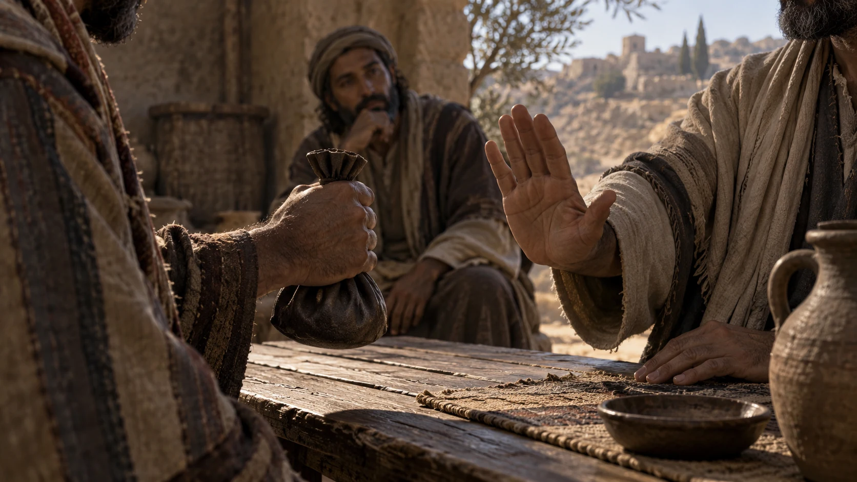 A closed hand holds a bribe beside an unaccepted open hand; a patient listener remains behind.