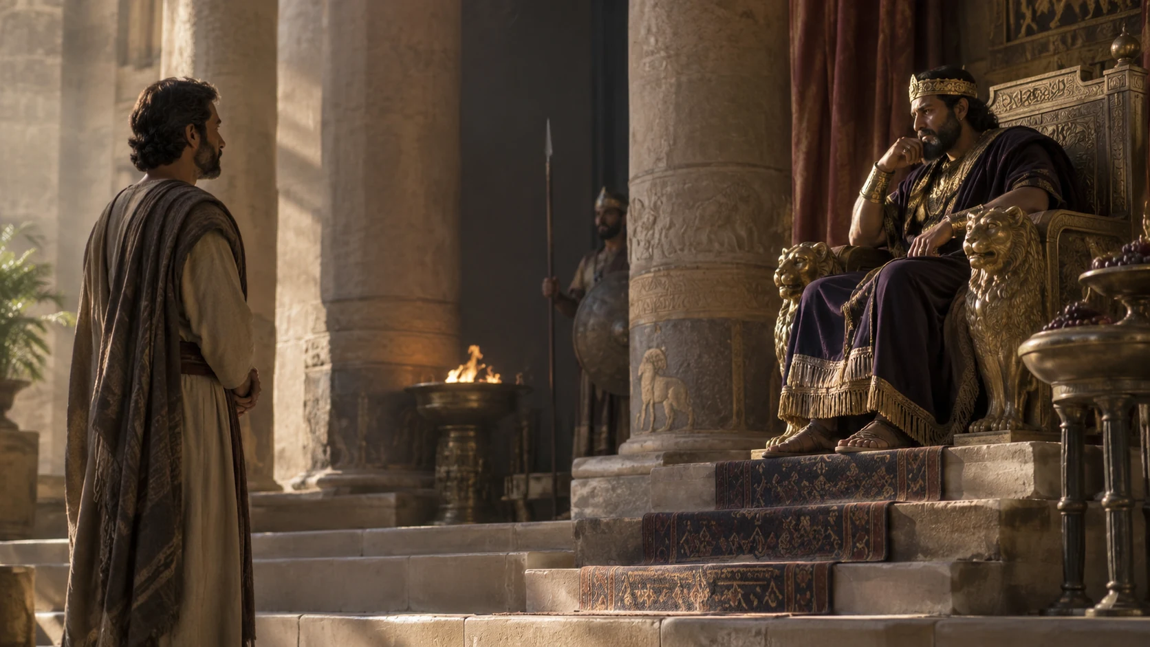 An unnamed adult stands calmly at a respectful distance from an anonymous ancient ruler.