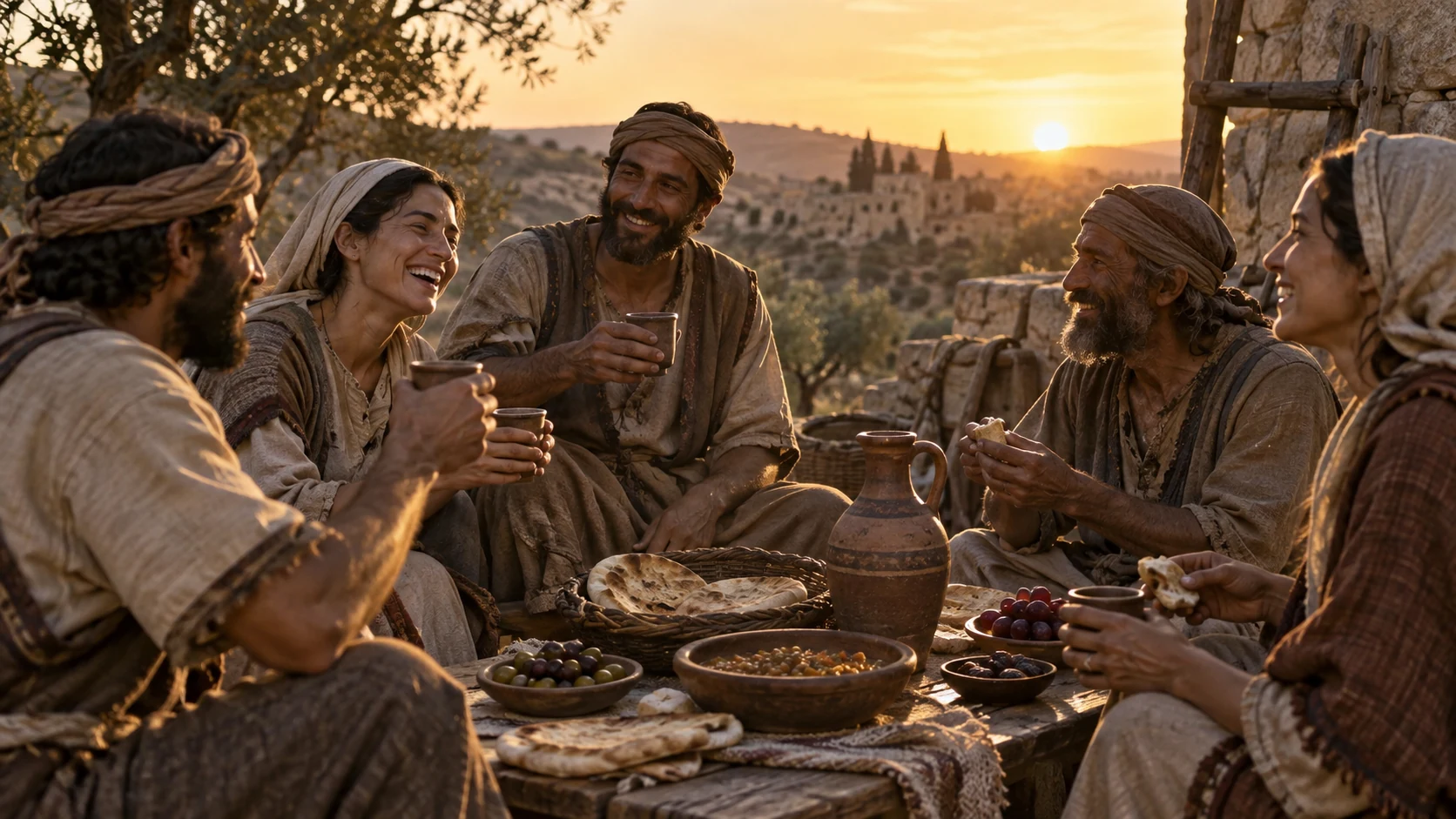 A small group of workers shares food and drink after the day’s work.