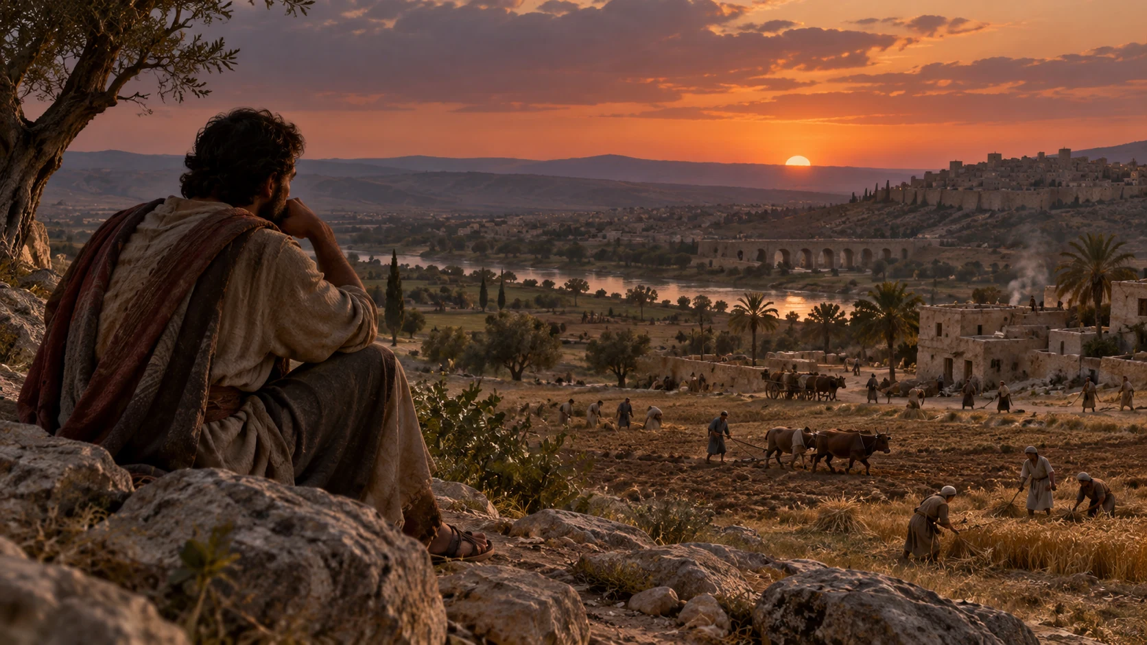 A tired observer studies a vast occupied landscape as dusk deepens, no revealed answer.