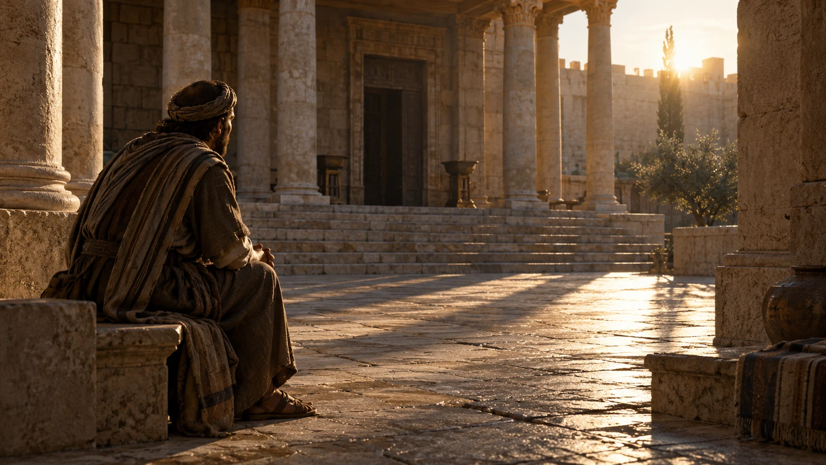 A waiting petitioner watches light move across an empty civic courtyard.