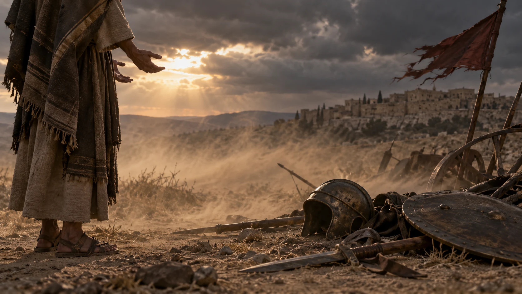 Hands remain open as wind lifts dust beside unused military equipment, no supernatural captivity.