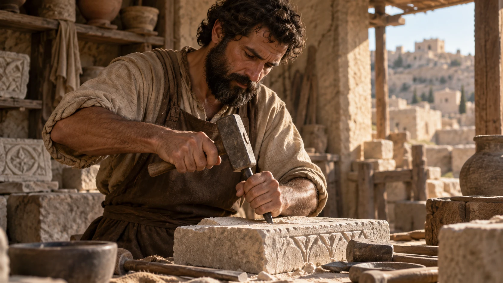 An artisan uses both hands with focused care in a workshop.