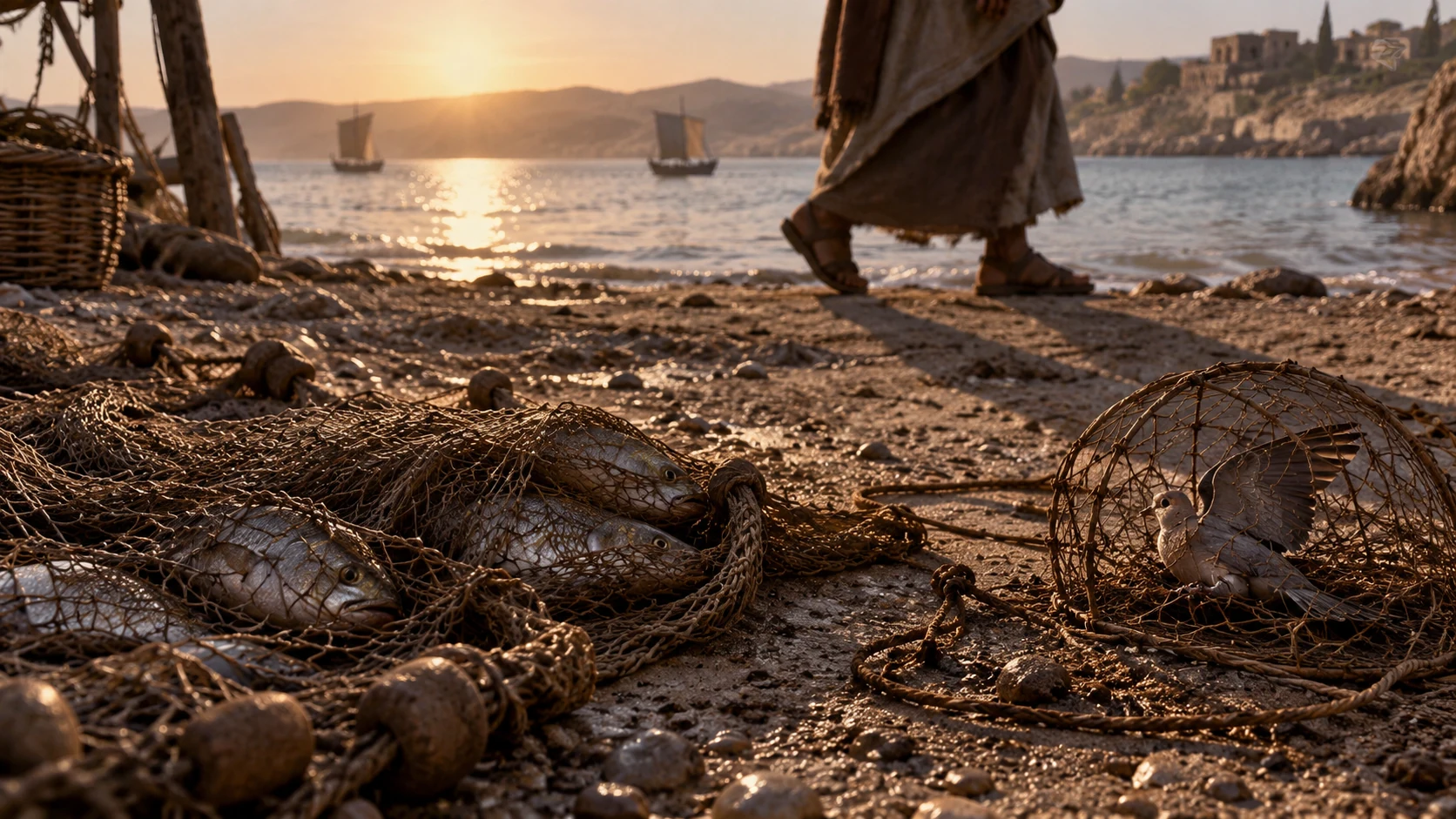 Fishing nets and a bird snare lie on a shore, a passing human shadow crosses their edge.