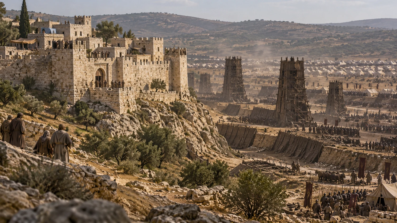 A small ancient walled town faces distant siegeworks and a larger encampment.