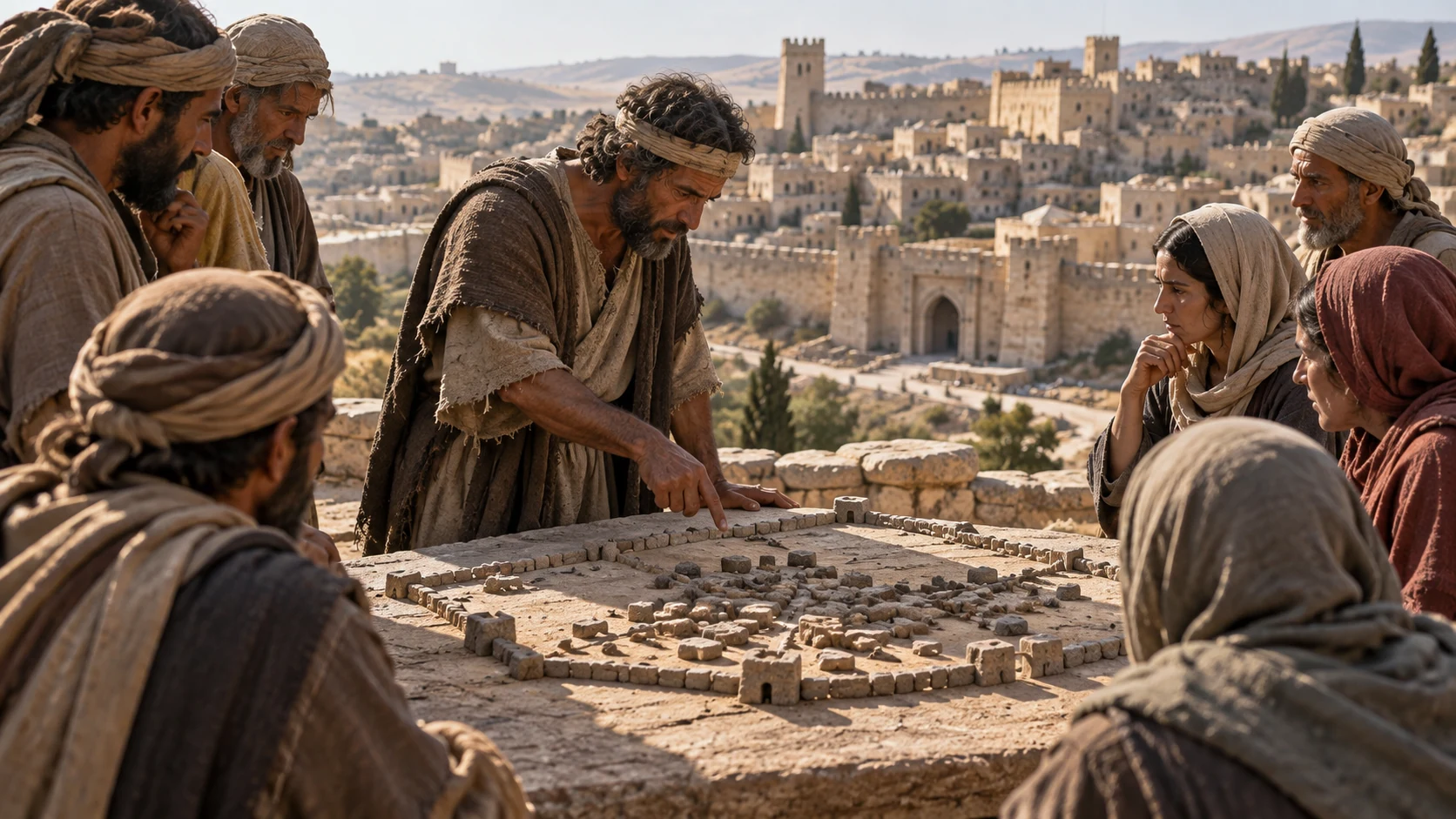 A plainly dressed adult points to a rough unlabeled city layout while attentive townspeople listen; no invented rescue tactic.