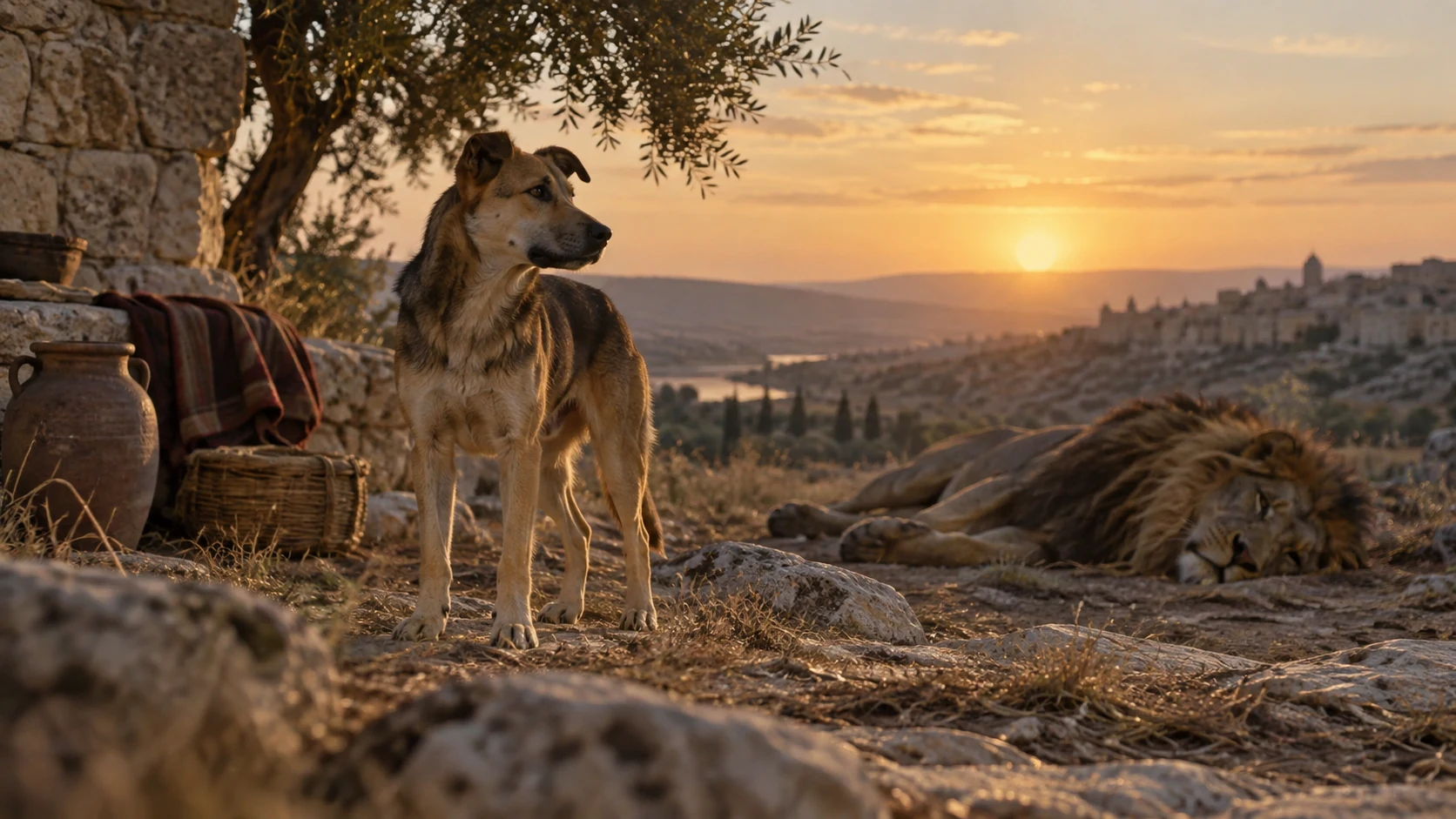 A live ordinary dog stands alert beside a distant still lion shape, non-graphic and no triumphant allegory.