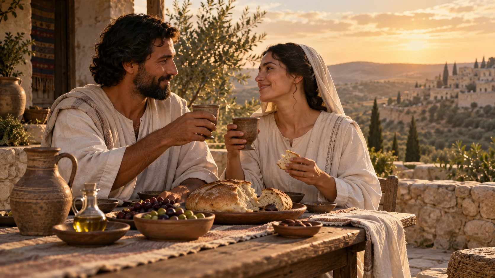 An adult married couple in clean pale garments shares bread and wine, a small oil vessel nearby.