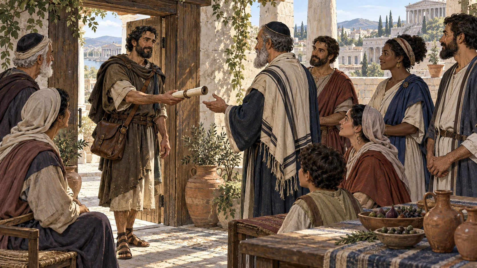 A courier offers a rolled letter to a diverse house gathering in ancient Ephesus.