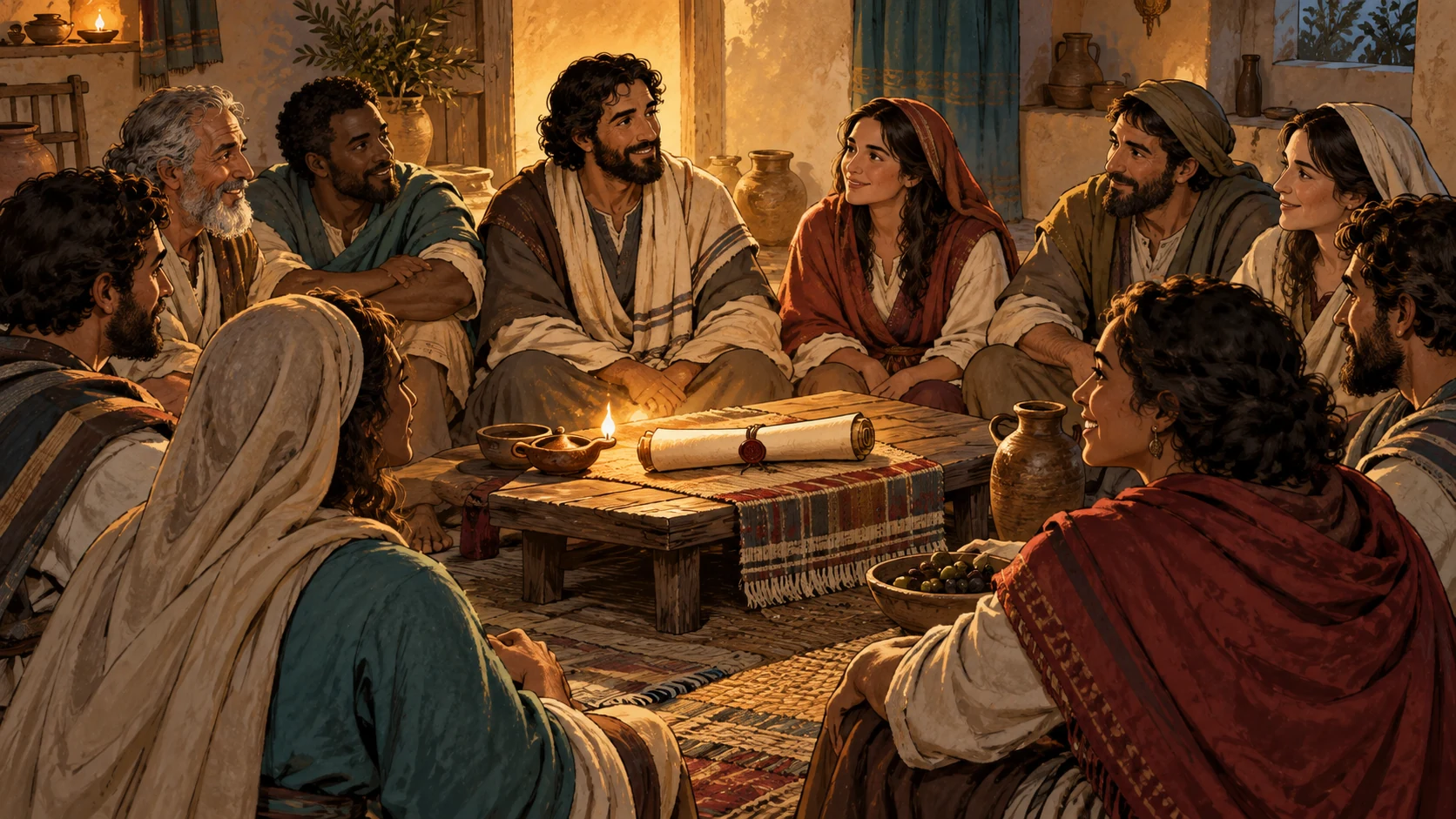 A mixed community gathers around a sealed blank scroll and a warm lamp.