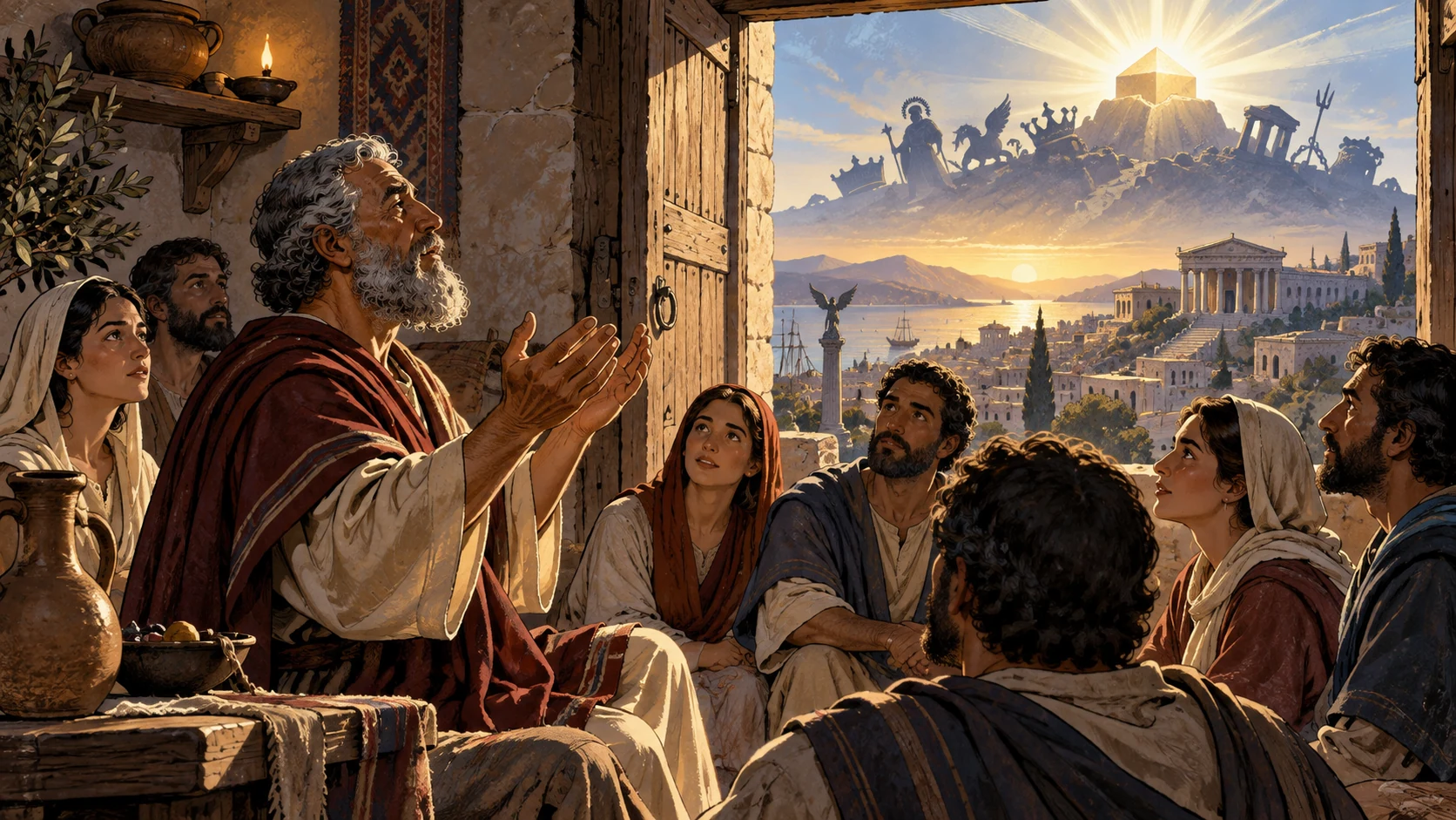 A praying household faces a bright doorway where the powers of the age recede beneath radiant light.