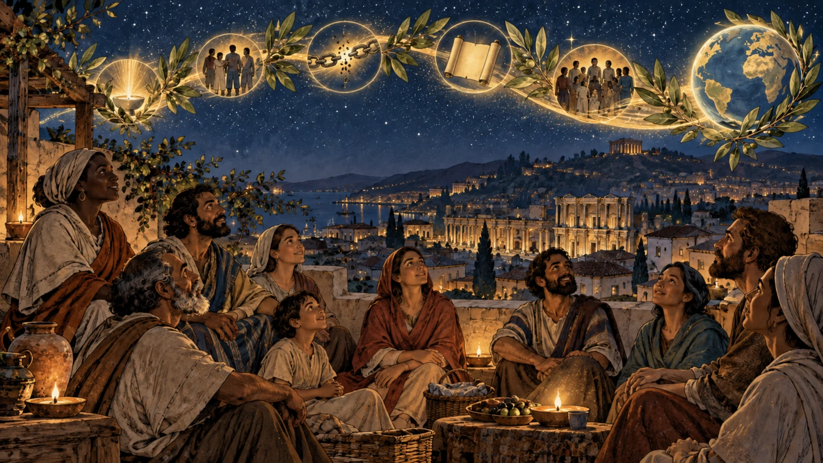 A house church looks into a starry sky where olive branches link symbols of freedom, belonging, and unity.