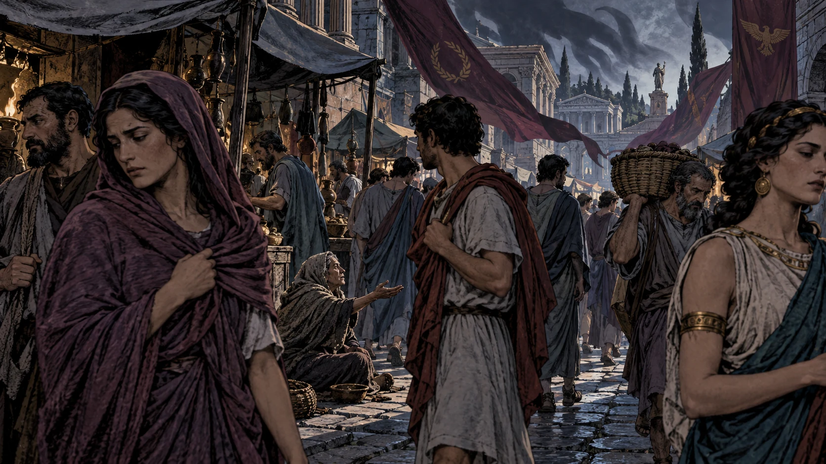 People drift through a shadowed Ephesian market while an overlooked woman reaches out from the street.