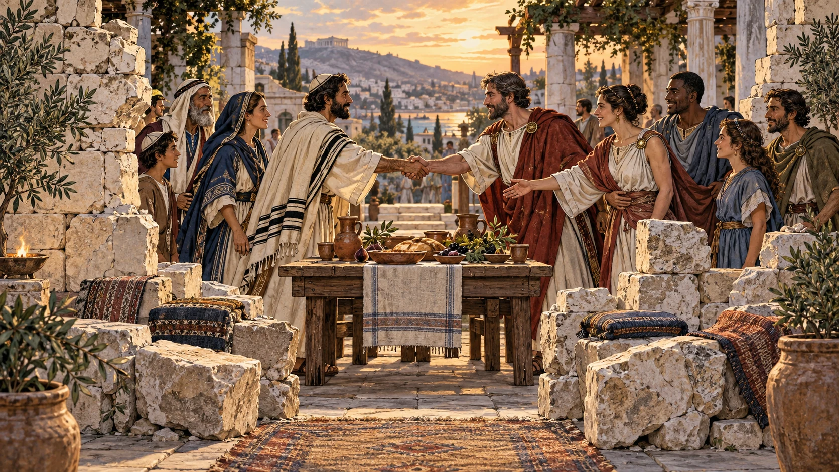 Jewish and Gentile neighbors greet across a dismantled wall beside one shared table.